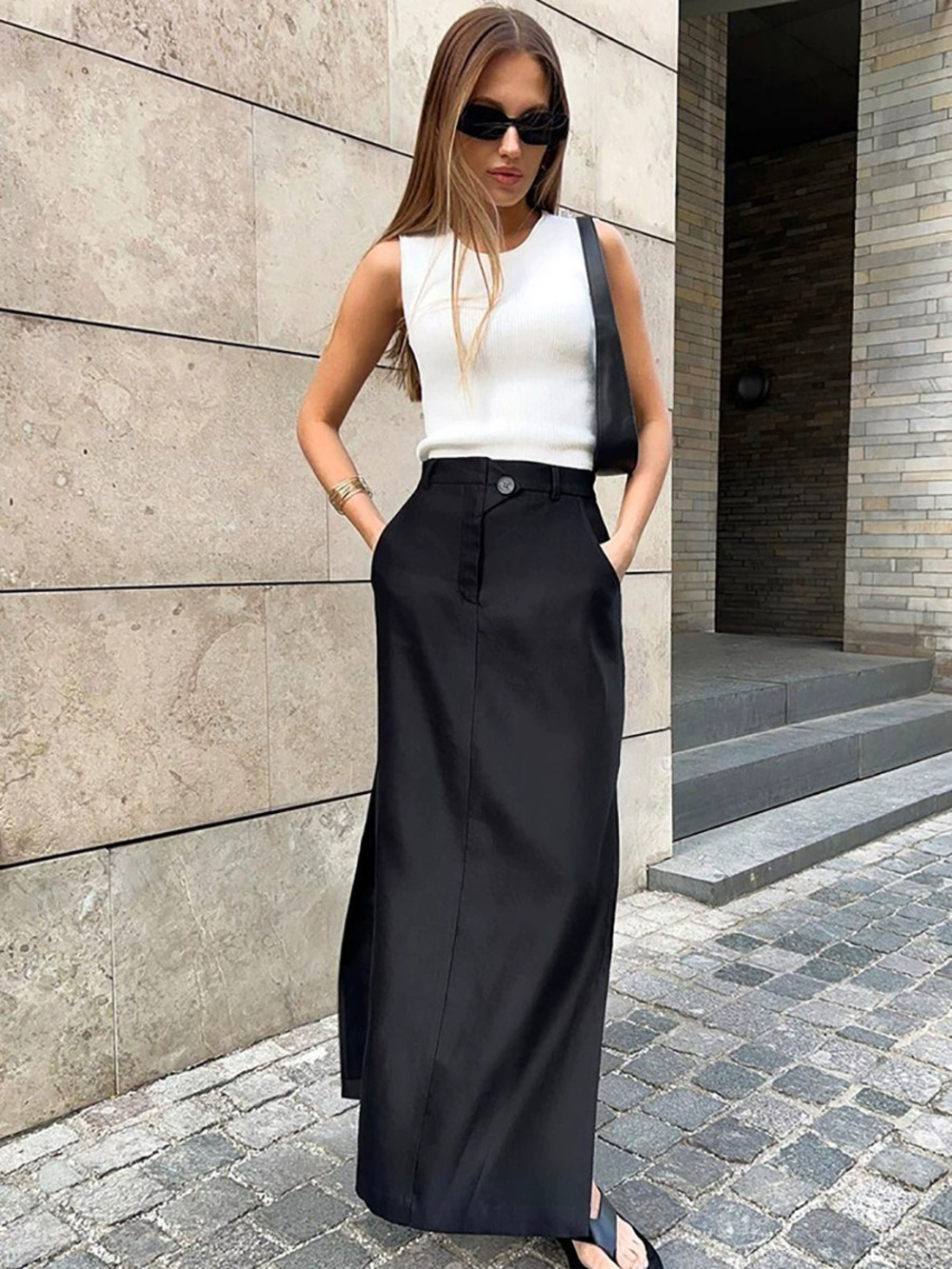 Forever 21 Black Brocade High Waist Slit Maxi Skirt Fall Office